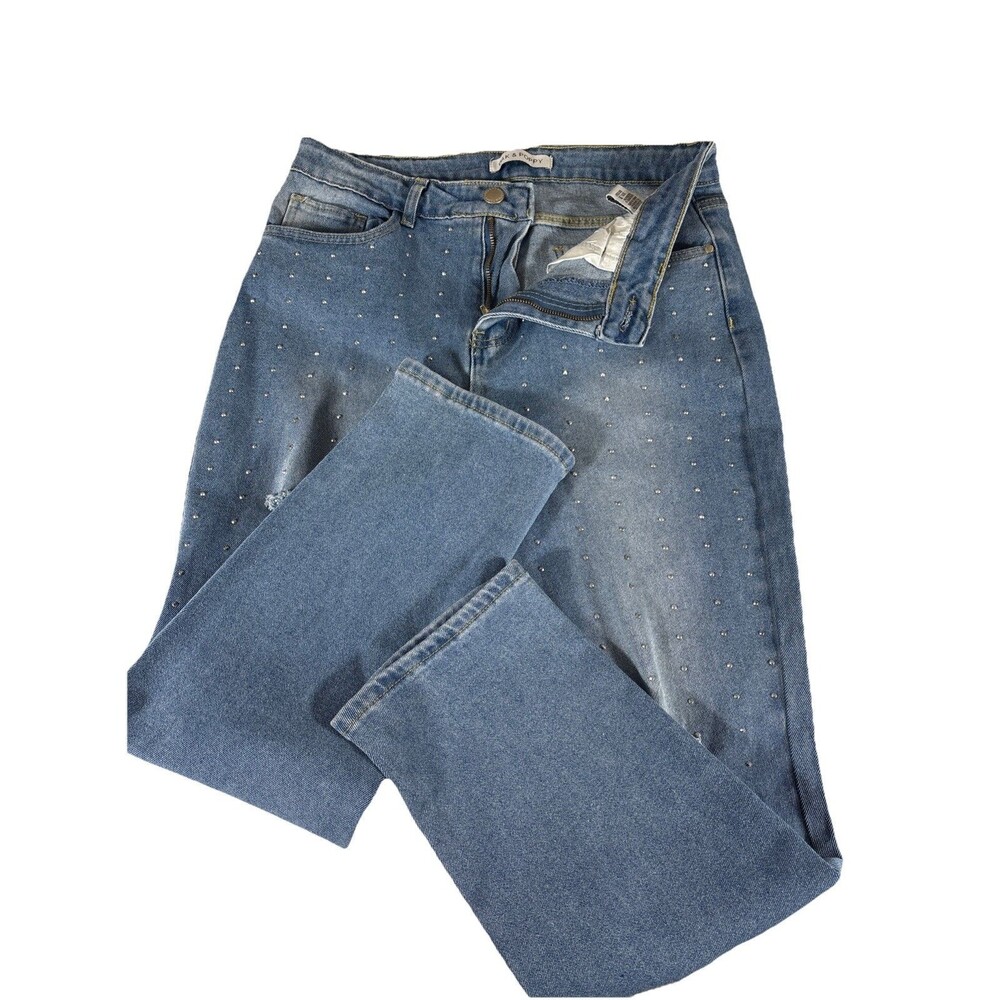 Oak & Poppy Sz 10 Studded Med Wash Straight Denim Jeans Distressed Boho Western